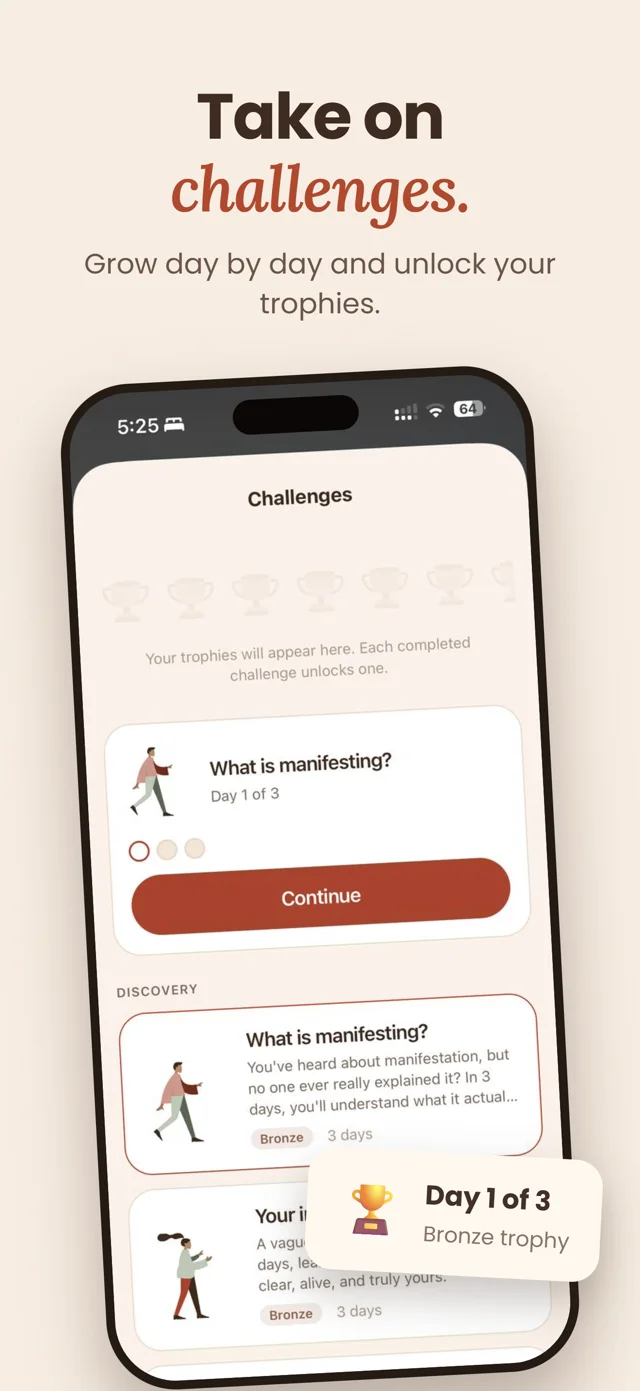 Take on challenges. Aura’s Challenges screen with the trophy wall and the first challenge, What is manifesting?