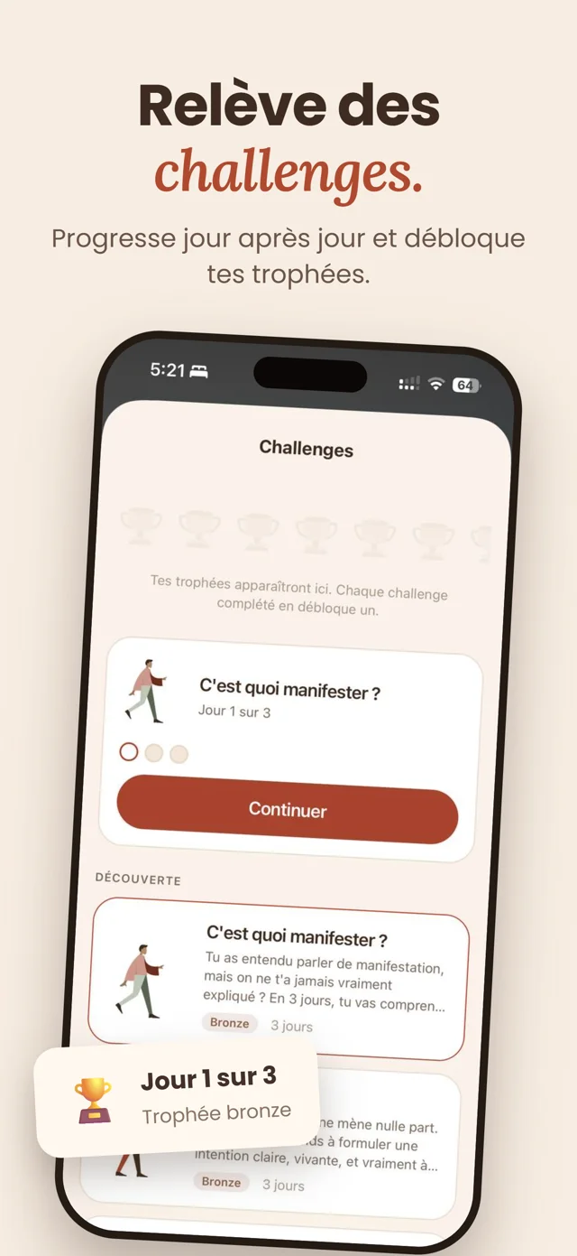 Releve des challenges. Ecran Challenges d'Aura avec le mur des trophees et le premier challenge, C'est quoi manifester ?