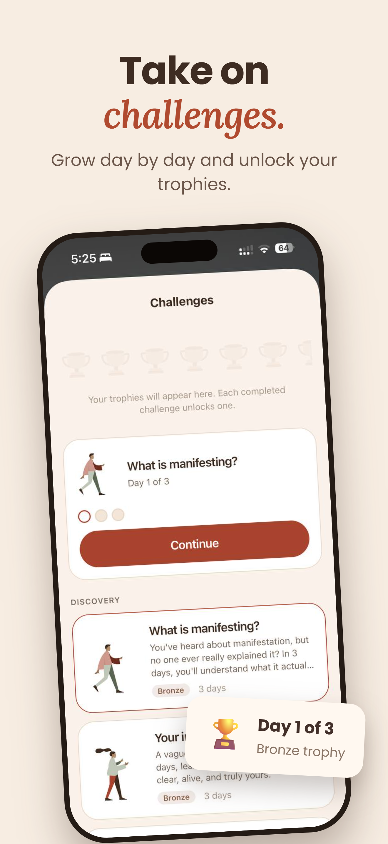 Take on challenges. aura’s Challenges screen with the trophy wall and the first challenge, What is manifesting?