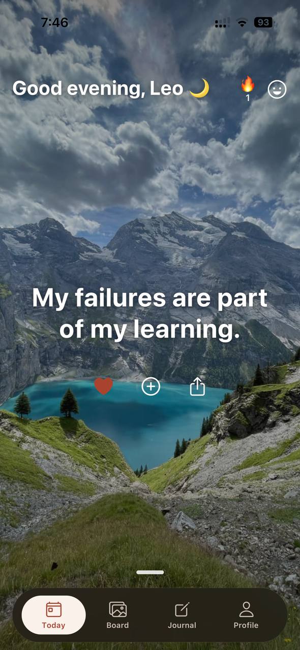 aura’s Today screen showing the affirmation “My failures are part of my learning”