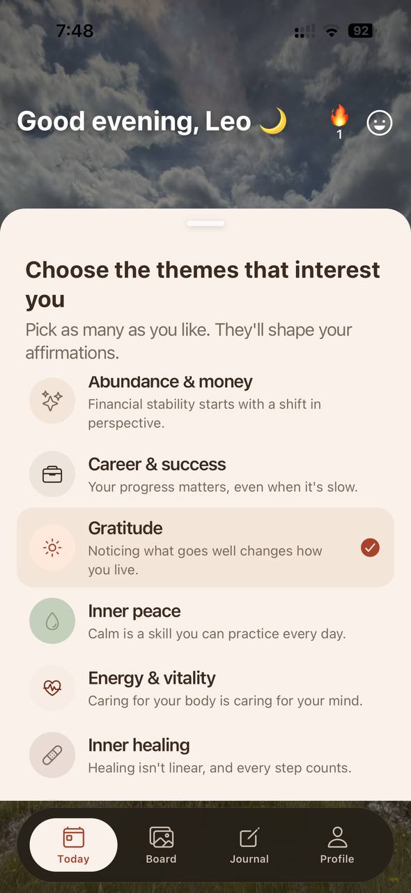 Theme selection screen that shapes the affirmations