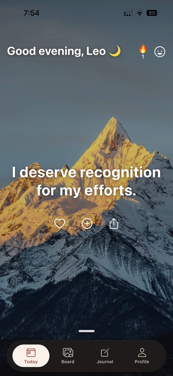 aura’s Today screen showing the affirmation “I deserve recognition for my efforts”