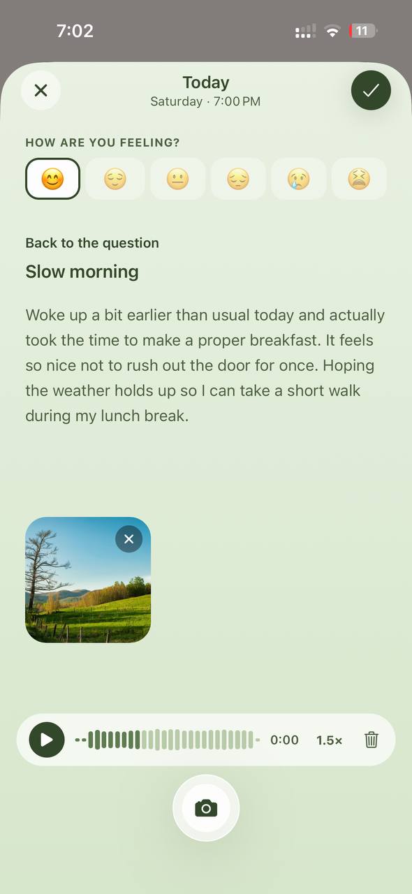 Journal screen with the “Slow morning” entry, a photo and a voice note
