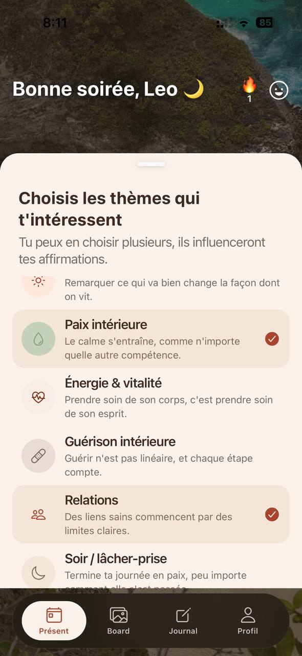 Écran de sélection des thèmes qui influencent les affirmations