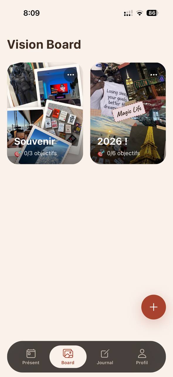 Écran Vision Board avec deux tableaux, « Souvenir » et « 2026 »