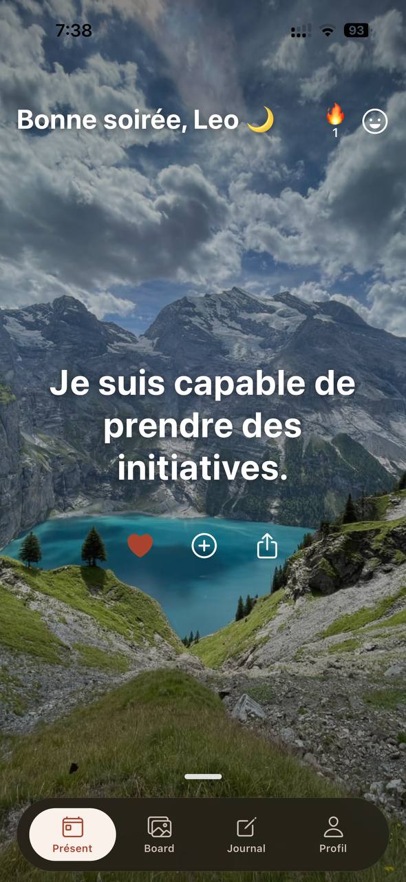 Écran Présent d'aura affichant l'affirmation « Je suis capable de prendre des initiatives »