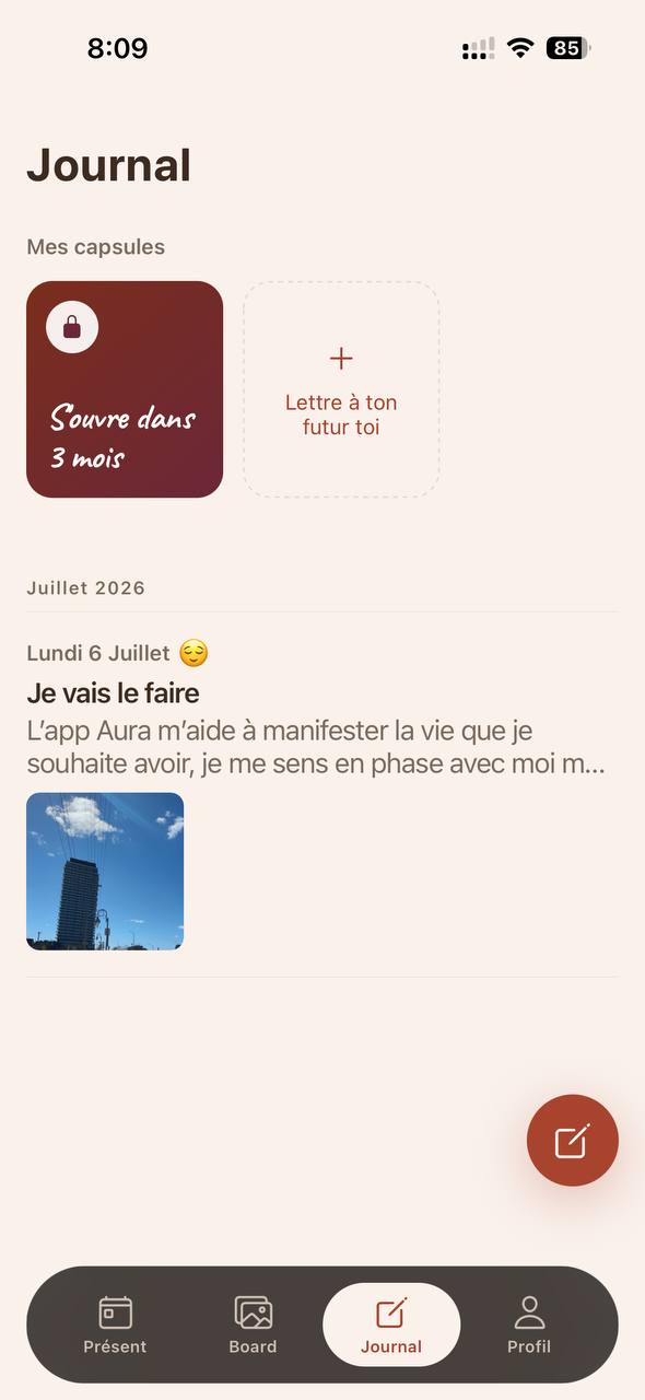 Écran Journal avec une entrée du jour et une capsule temporelle verrouillée