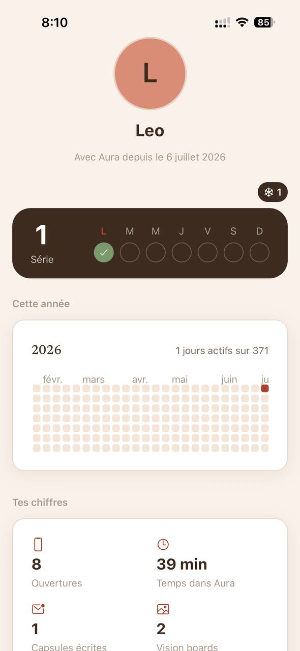 Écran Profil avec la série de jours actifs et les statistiques